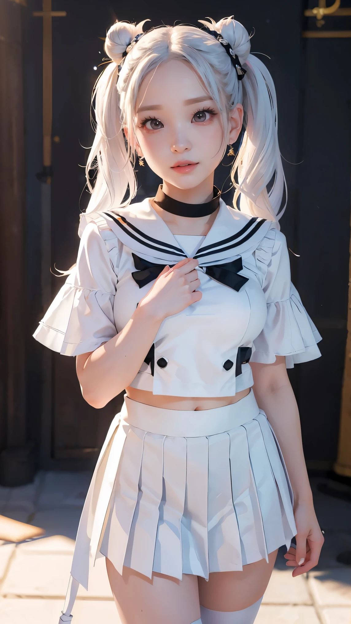 photorealistic, (hyperrealistic:1.2), (extremely detailed CG unity 8k wallpaper), (ultra-detailed), masterpiece, best quality, 1girl, sailor cosmos, standing, fullbody,  solo, long hair, skirt, hair ornament, twintails, jewelry, purple eyes, white hair, pleated skirt, earrings, choker, sailor collar, hair bun, cape, character name, double bun, facial mark, white skirt, brooch, white sailor collar, hairpin, forehead mark, white choker, sailor senshi uniform, holding staff