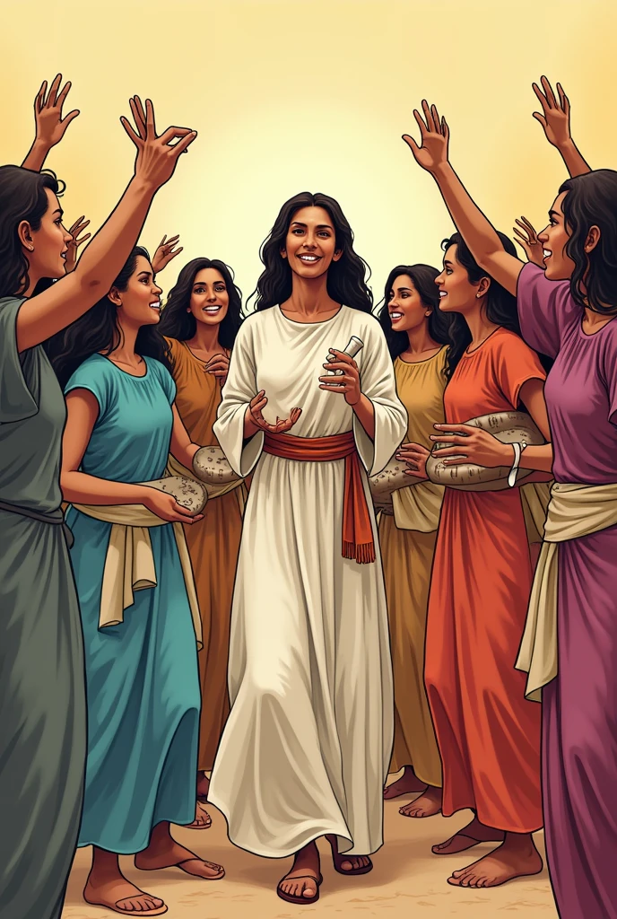 "Mary, the prophetess, caught a "tambourine and an unrolled parchment", and with her all the women left playing tambourines and dancing". The women had light brown skin tone.
That the image comes out in line drawing. May the clothes be colorful.