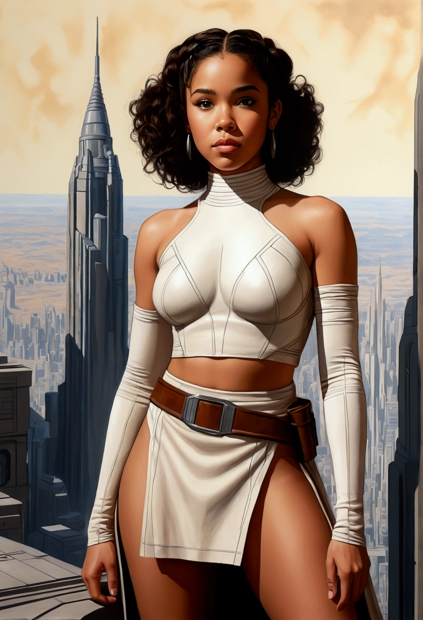 An illustrated movie poster, hand-drawn, full color, a age Jedi, 18-years-old, female, wearing a crop top and a skirt, athletic hourglass figure, busty bosoms, full wide hips, massive round butt, long shapely legs, ridiculously thick powerful thighs, hazel eyes, dark hair, long kinky curls, warm brown complexion, resembles Alexandra Shipp, standing above Coruscant, graphite shading, stencil marks, airbrushed acrylic paint, masterpiece, in the style of Drew Struzan