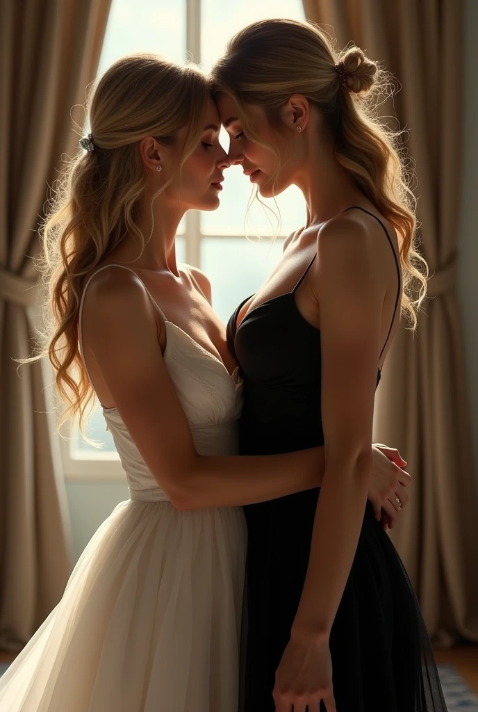 Bride in white dress seduced by beautiful lesbian, kissing, kiss, seductive woman wearing black elegant dress, seducing bride, Long Hair, Breasts, Blush, Looking at viewer, Large breasts, Long Hair, Blonde Hair, Ponytail, Parted Lips, 