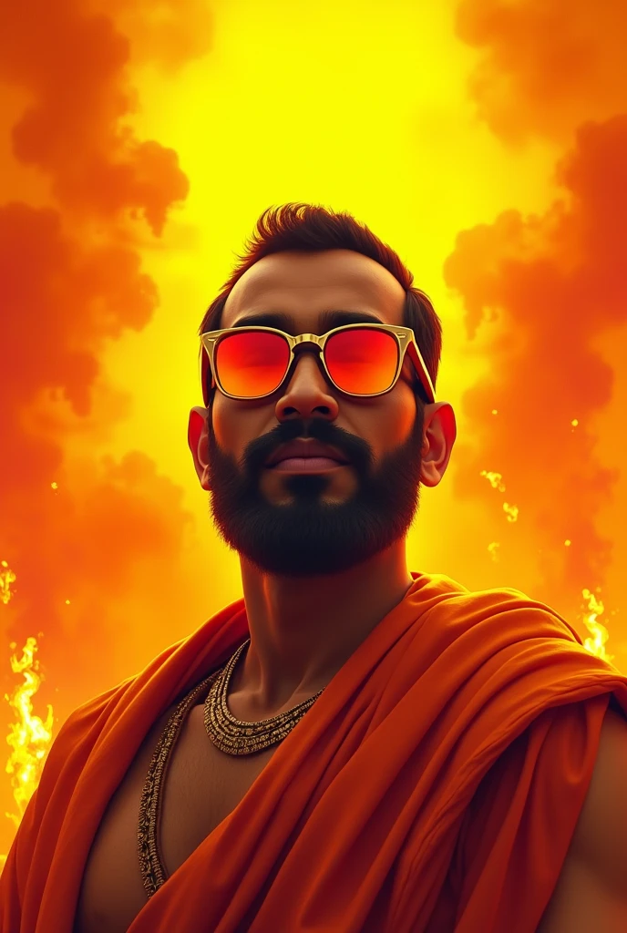 Create an Onam poster with maveli with cooling glasses in an orange and yellow shade background with smoke and fires