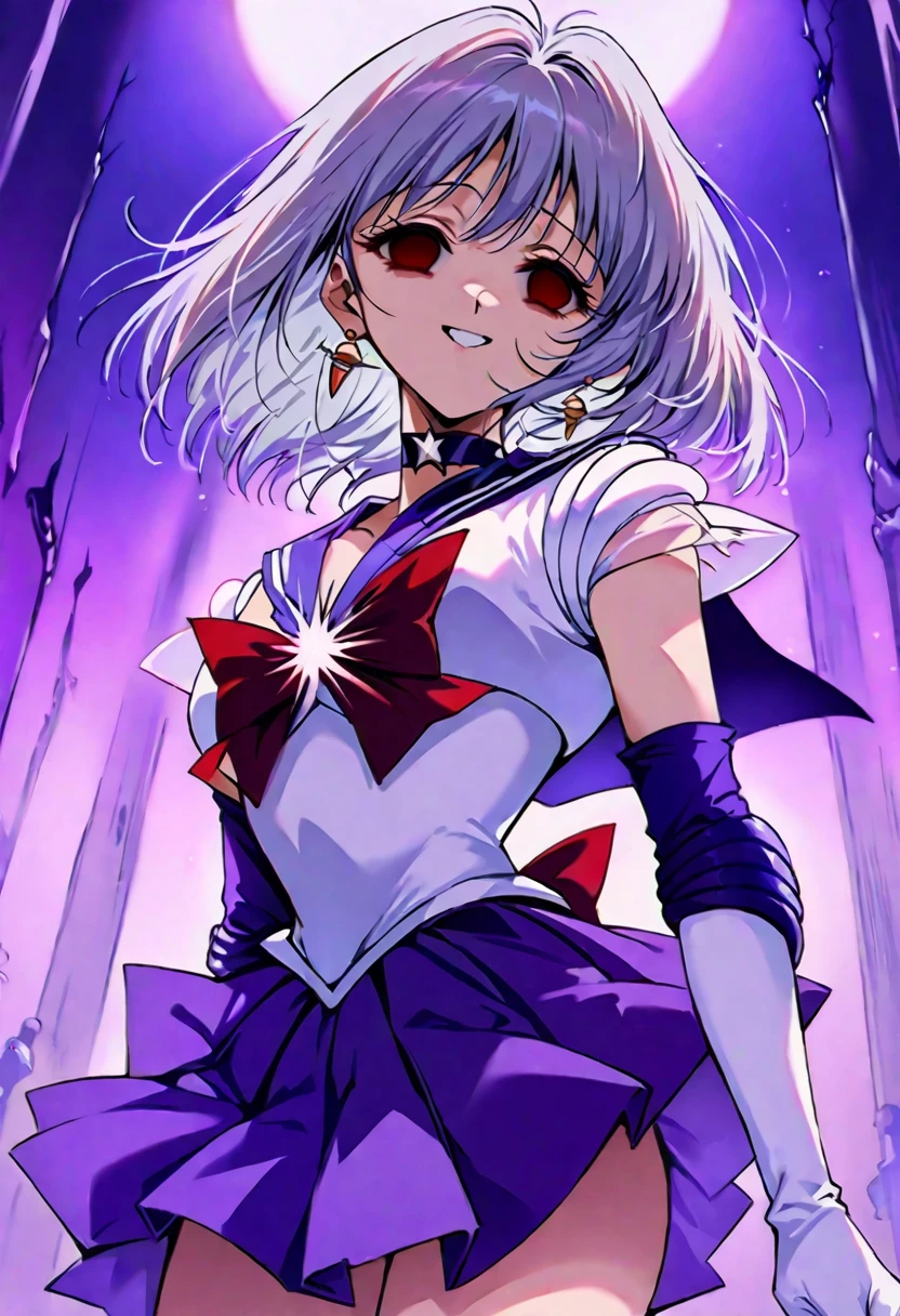 (masterpiece, Highest quality, so beautiful, Very detailed), Intricate details, 12k, Honestly,In awe of the Sailor Saturn XL,sailor senshi uniform,jewelry,skirt,choker,star choker,sailor collar,bow,brooch,star brooch,purple sailor collar,purple skirt,gloves,tiara,short hair,white gloves,earrings,elbow gloves,pleated skirt,, Are standing, Cowboy Shot,,(Wicked Smile:1.2), One person,(Silver Hair:1.4),(empty eyes,:1.4),From below,Watching the dawn,Dark aura,View your audience,(red eyes:1.2),