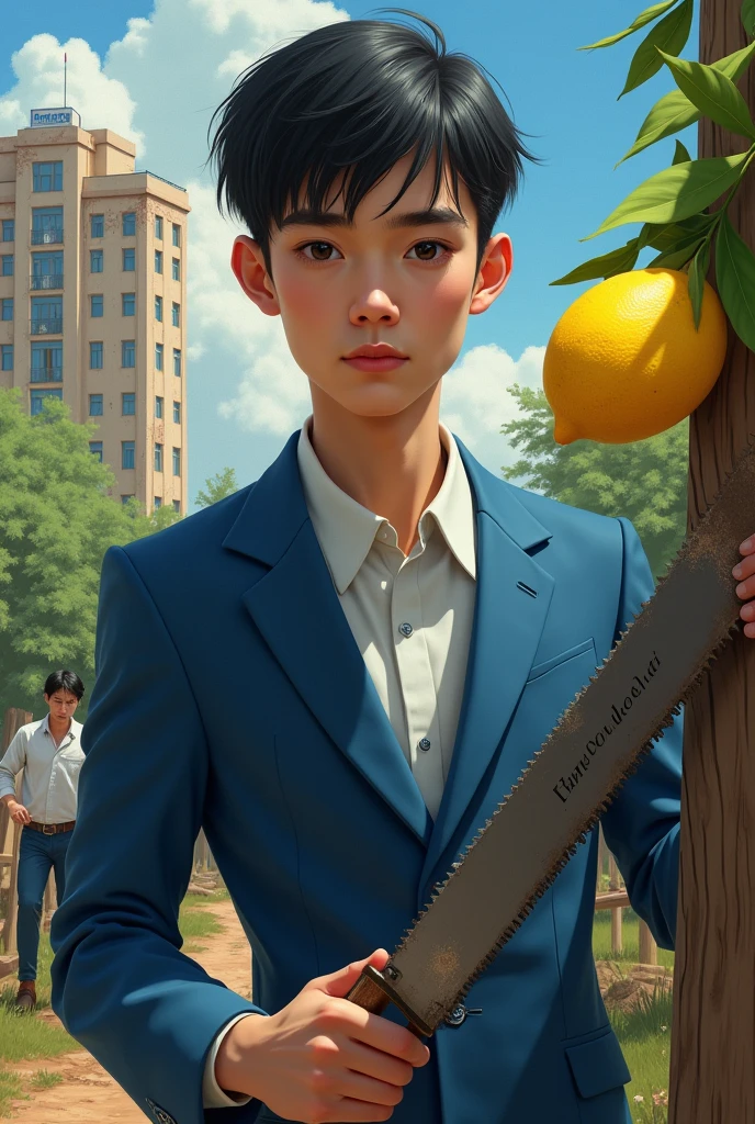 ((Best quality)), ((masterpiece)), (detailed), close-вверх person, young tall thin man in a blue suit, in a white shirt in the foreground, facing the camera, sawing wood with a saw, on which lemons hang. There are other men in the background., who also saw down the grove.
A dilapidated high-rise hospital building can be seen behind the grove., on which the inscription can be read "hospital".
The man has short black hair, full lips, dark eyes, long eyelashes. The man looks very similar to Ukrainian Health Minister Viktor Lyashko. (fantasy art:1.3), highly detailed face, Beautiful illustration, (portrait composition:1.3), restrained, shallow depth of field, focus on the eyes, (rating_obvious), a high resolution, masterpiece, shiny smooth skin