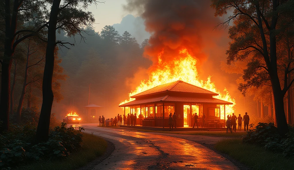a burning dhaba on the forest road
