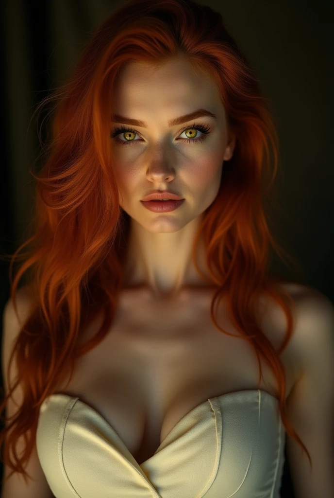 FACE SHOT OF BEAUTIFUL BOMBSHELL RED HAIR WOMAN, LONG RED HAIR, VERY PALE SKIN, YELLOW EYES, EXPRESSIVE YELLOW EYES, ENIGMATIC FACE EXPRESSION,SHY SMILE, GORGEOUS LIPS, ROSY CHEEKS, HIGH CHEEKBONES, MENTAL FORAMEN, VOLUMOUS BREASTS, GORGEOUS BREASTS, STRAPLESS CLEAVAGE, WHITE STRAPLESS, ELEGANT CURVY BODY, STRONG BODY, FRONTAL ANGLE SHOT, DARK BACKGROUND, DIFUSED LIGHTS, YELLOW BACK LIGHTS, MASTERPIECE