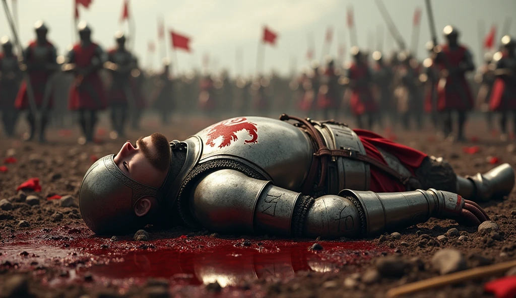 A highly realistic, high-contrast, 8K HD, detailed, hyper-detailed image. Tono, a knight clad in full armor with a lion emblem on his chest, lies defeated on the battlefield. Tono is wearing a helmet and is lying on the ground, with a small pool of blood forming around him from his wounds. Around him, other knights continue to fight, with the battle still raging on. The image captures the tension and chaos of the battlefield, focusing on Tono's fallen form, vividly portraying the intensity of the combat. The image is of the highest quality, with ultra-high resolution, RAW photo quality, and Unreal Engine rendering, depicting the tragic and harsh moment of Tono's defeat in vivid detail.