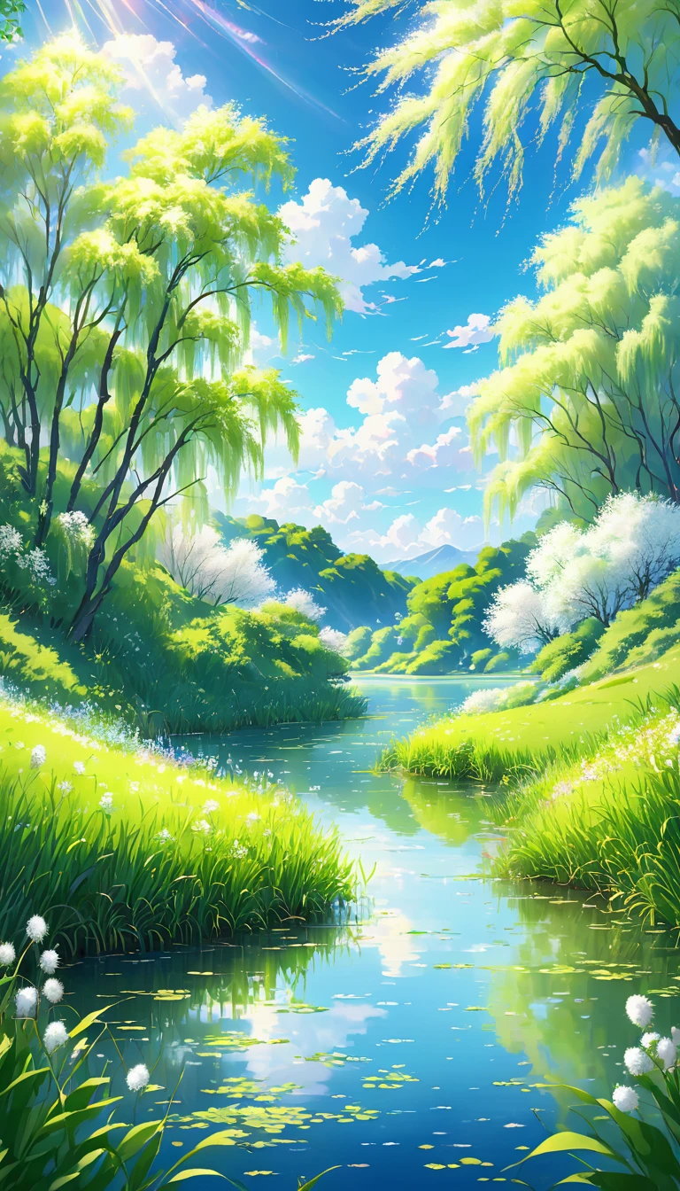 Peaceful lakeside,Green grass,light breeze,There was a ripple。Weeping willows on the shore,Like whispering。A small hill not far away,Lush,The scattered sunlight is like broken gold.。In the blue sky,A few white clouds floating leisurely,As soft as cotton candy。The air is filled with the fresh scent of grass and flowers,Makes the mind clear,All troubles are gone。
