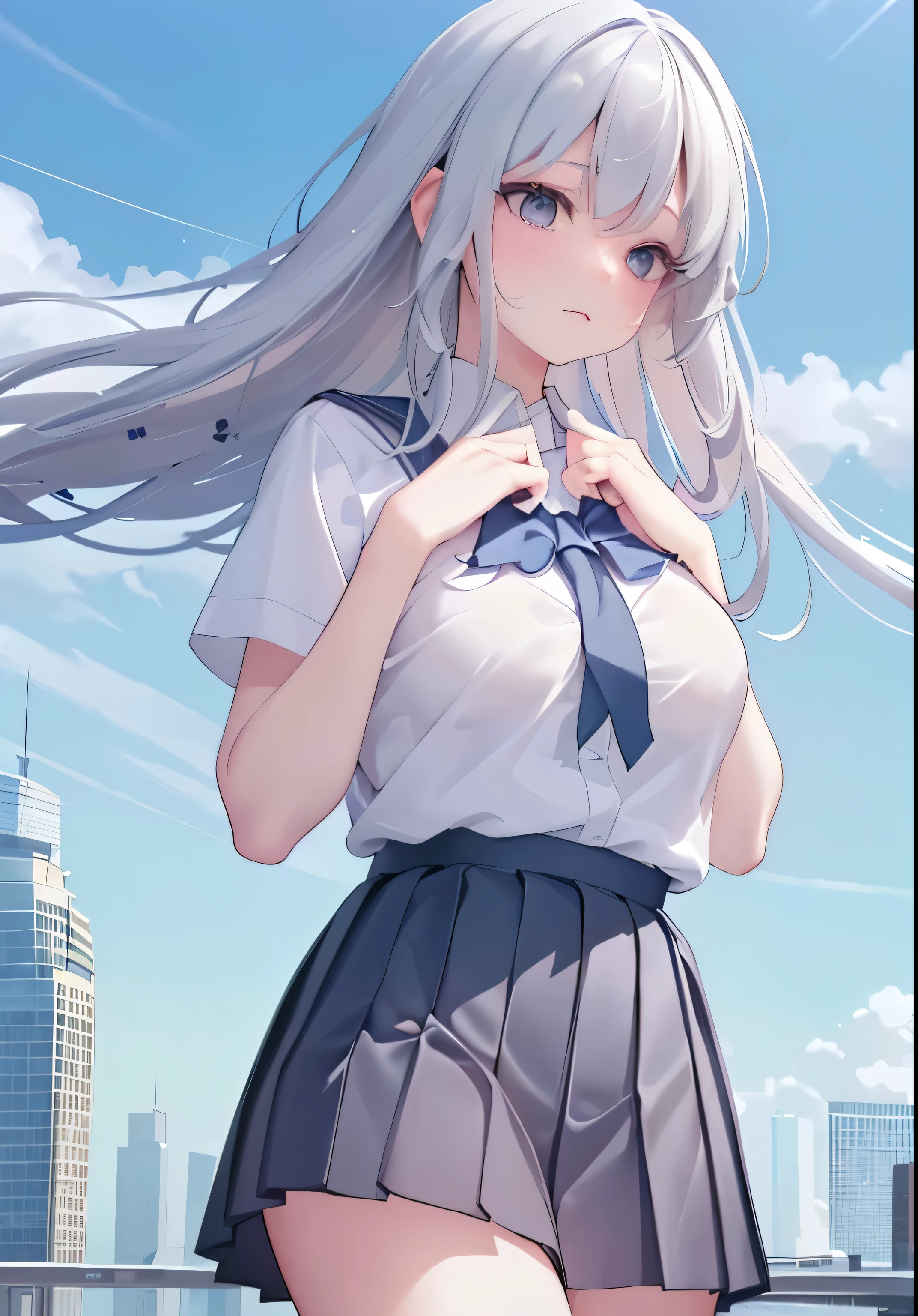 ,a girl,school_uniform,shirt, long hair,grey hair, truncated shirt,pleated_skirt,white shirt,outdoors,hands up, black pleated skirt,black tube socks,white bar,black ribbon,standing,HD,highres,high quality,8k,kawaii,seijun,, best quality, masterpiece, (realistic, photo-realistic:1.37),ultra high res,highres,, illustration. media, delicate,8k wallpaper,soft light,official art,professional lighting, photon mapping, radiosity, physically-based rendering,1girl,