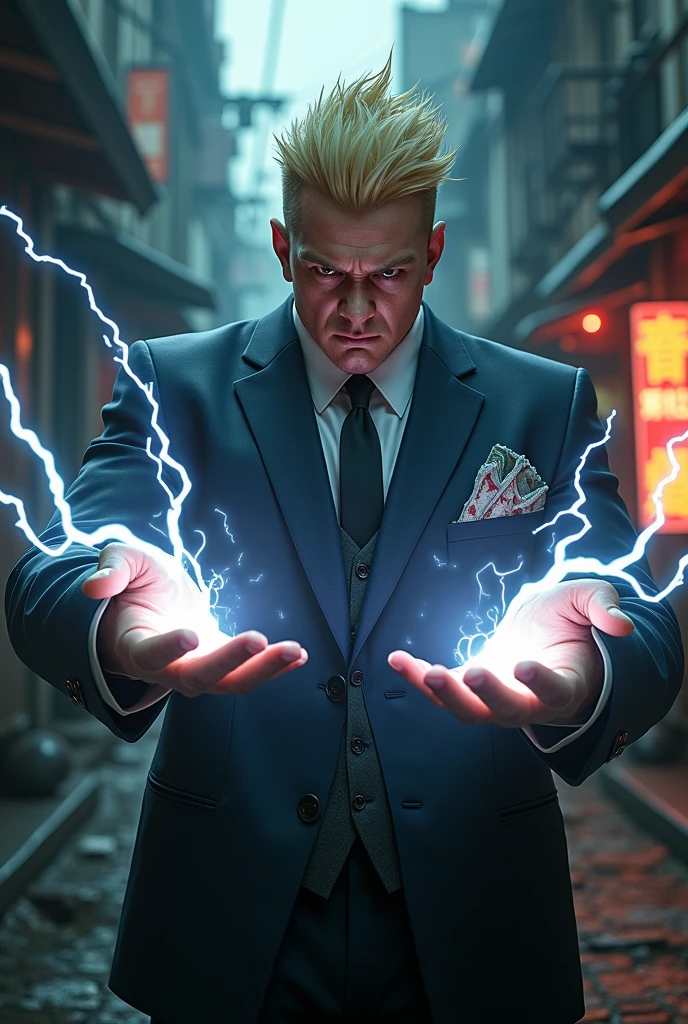 A yakuza man with spiky blond hair who controls lightning 
