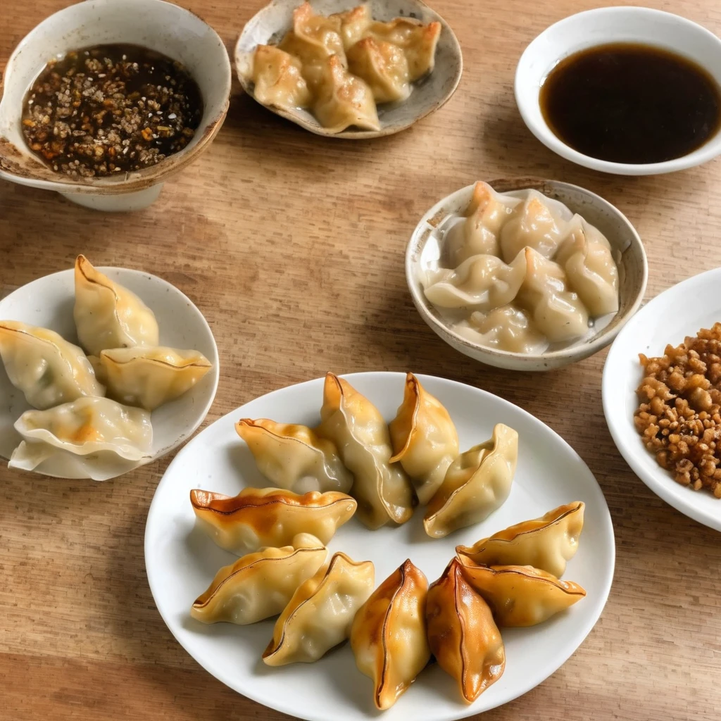 ((One side is brown and discoloured)).((Baked dumplings)),((crescent shaped gyoza:1.********u can see the minced meat through the dough...))、These dumplings are made from wheat flour dough rolled out thinly and shaped into semicircular shapes...、Put a lot of dumplings on a small plate、There is fried rice next to it.、There are chopsticks、There is a lotus root、