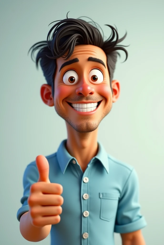Brazilian man, middle-aged, clear hair, more youthful appearance, slightly chubby face,  ssmile, happy, wearing a light blue dress shirt, making a positive sign with your hand "like", not counting body parts, cartoon pixar style