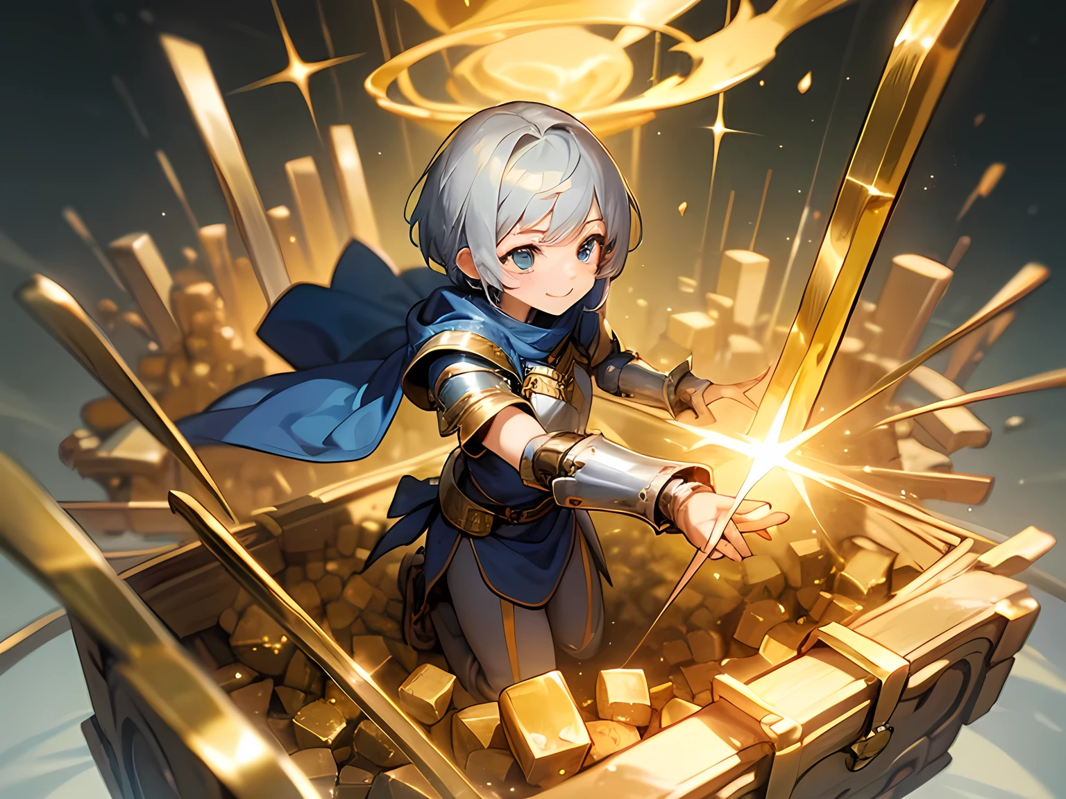 solo, fullbody, blue pixie cut, worried, mithril armor,When you open the treasure chest((Gold and silver treasure))、smile、(Silver Background)、Aurora Revolution