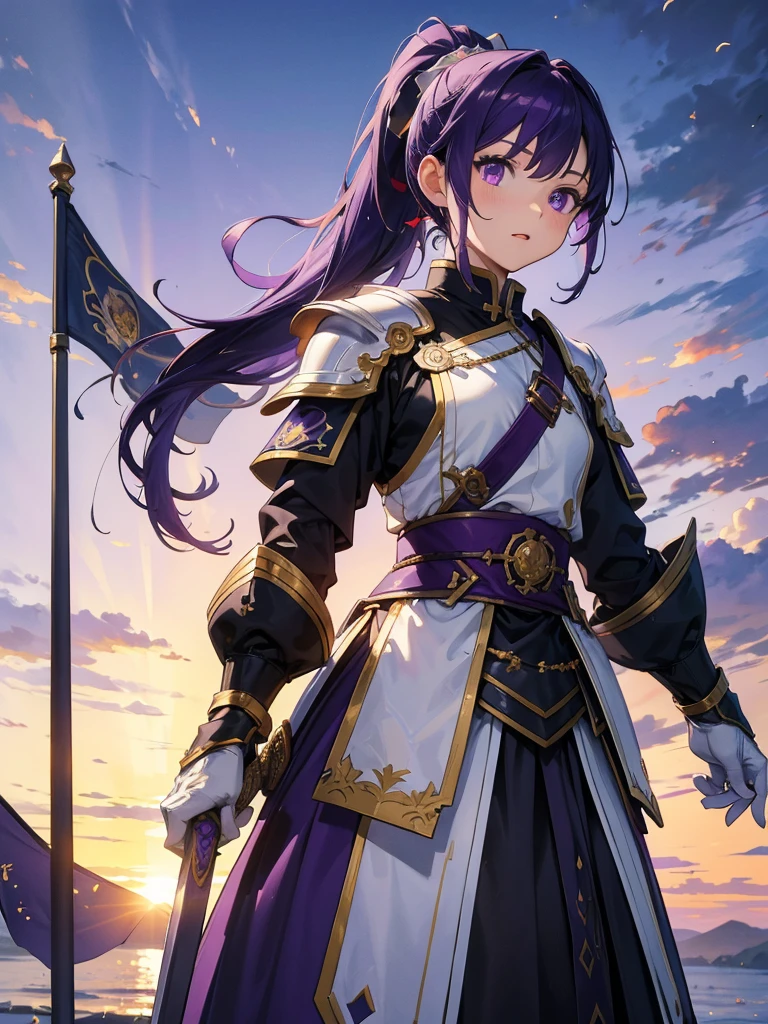 Dressed as a man、masterpiece,Highest quality,One person,Costume 1,,sunrise,dawn,holding flag,Open your mouth,sword,Purple Hair,Purple Eyes,ponytail、armorを着た、White Theme,armor,Portraiture,crowd,Swarm,flag,waving flag