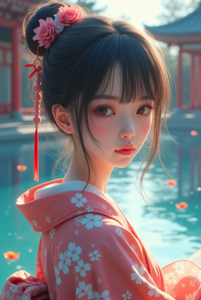  (best quality), (masterpiece), (Ultra-high resolution), (Clear face), （Reality： 1.4）, (perfect lighting),(photorealistic:1.30), anime wallpaper, Guviz style artwork , fantasy cover up to magic , by Yang J, Guviz, beautiful artwork illustration, beautiful digital artwork, beautiful digital illustration, Li Song, beautiful anime portrait, art style at Beauvot,illustration, ethereal and beautiful, highly detailed, CG, unity, 8k wallpaper, Amazing, fine detail, official art, highly detailed CG unity 8k wallpaper,absurd, extremely absurd, large file size, highly detailed , high resolution, very detailed,beautiful girl with details, very detailed eyes and face, beautiful detailed eyes,light on the face,cinematic lighting, A female, kimono , Japanese clothes, Japanese temple, realistic, (full body:1.3), (Turning back viwer), Fishing, holding a fishing rod, outdoor, Lake, Crystal skin details, Glowing skin, ferpect lighting, Soft light,