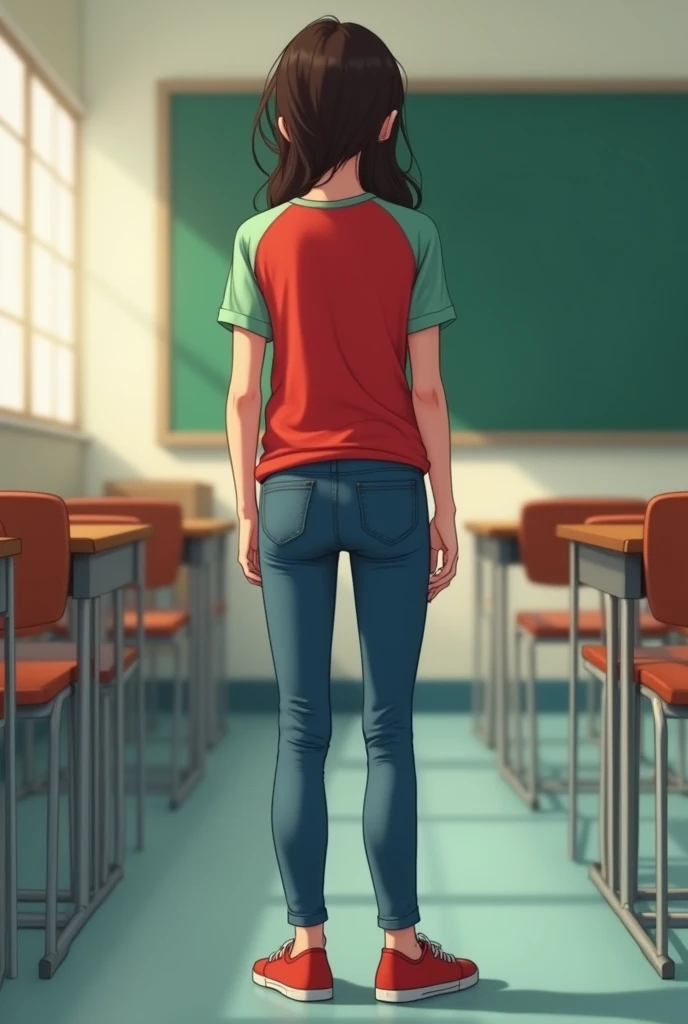 Girl who is wearing blue tight trousers has her back facing the camera and her feet are visible red full sleeves t shirt with light green sleeves background is a classroom shirt tucked in