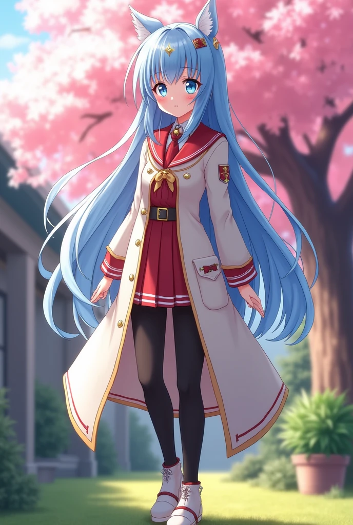 A beautiful  fantasy anime strong bully girl with long straight blue hair and shiny blue eyes is standing in the yard with a cherry tree behind her. Milk colored long school coat uniform with red and gold stripes, long black tights, white dress shoes with gold jewels. playful sweet smile , rosy cheeks and mischievous look, shining in the light of day.