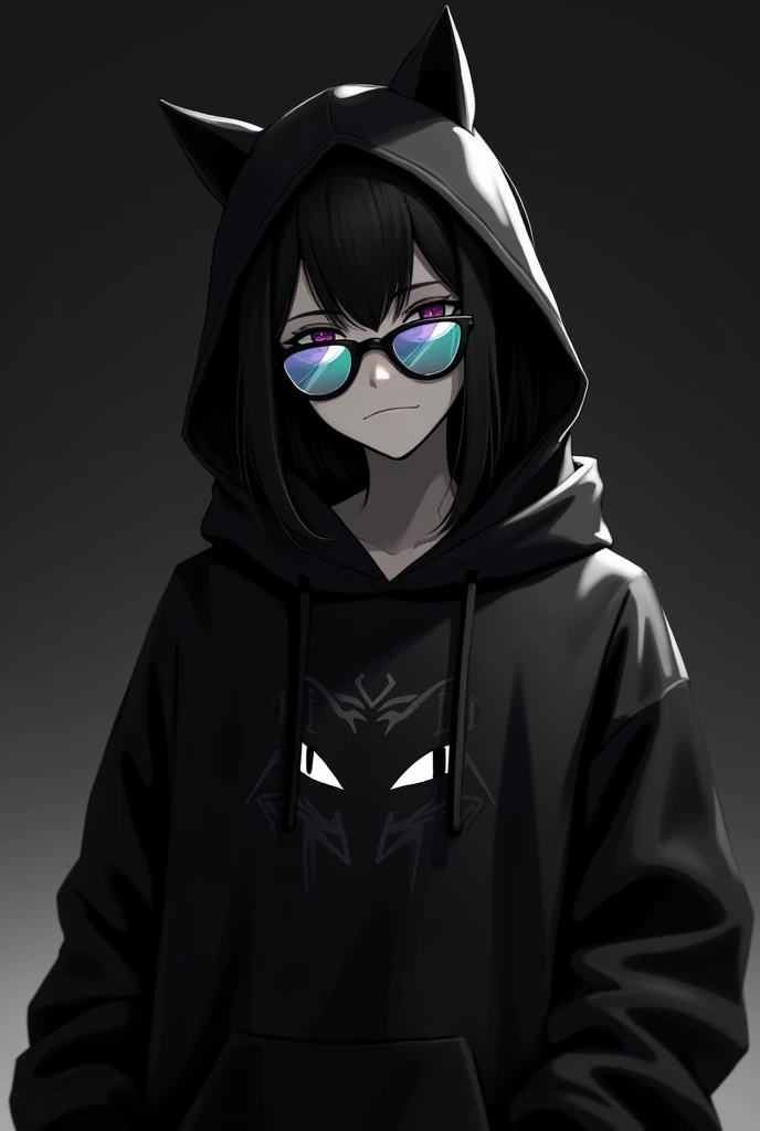 "A monochromatic digital artwork featuring a young person with a serious expression, wearing a black hoodie with cat ears on the hood. The character has sleek black hair and is wearing reflective, futuristic sunglasses with a gradient of purple and green. The hoodie has a unique design of a dark, abstract creature on the front. The background is a smooth, dark gradient, adding to the overall mysterious and cool vibe of the image."