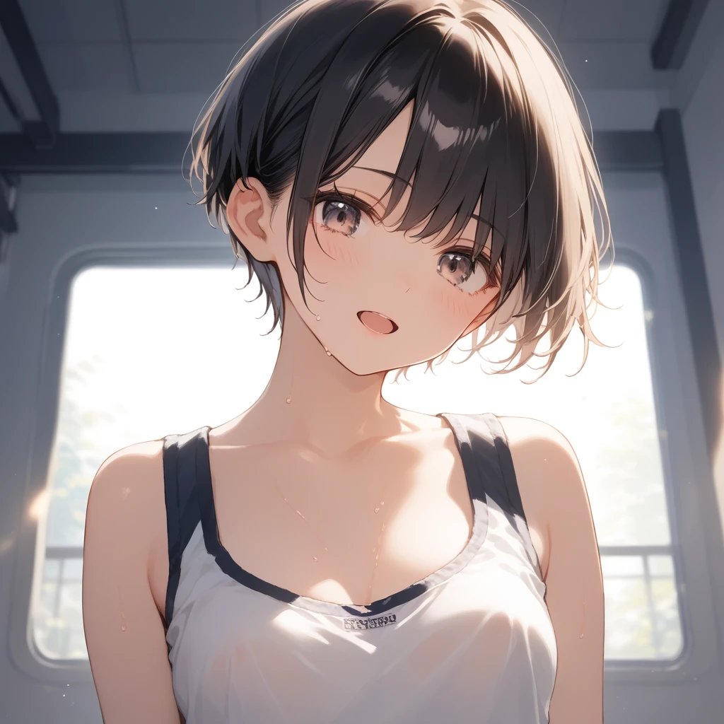 score_9, score_8_up, score_7_up, source_anime, best quality, masterpiece, official art, absurdres, highres, ultra-detailed,waifu2x,Collection: Slice of Life,break,1girl, short hair, pixie cut, flipped hair, soft breasts, beautiful (well-shaped) breasts,beautiful detailed eyes, sweat, gym shorts, (wavy mouth:0.3), open mouth, outdoors, (Detailed Lighting), (Detailed background),break,(clear line illustration:1.2), super detailed skin,very high resolution, very aesthetic, Best sexual lighting powered by famous artist, 8k, 16k, cute picture,beauty illustration,photoshop_(medium),,(Detailed Lighting),best anime 8k konachan wallpaper, pixiv contest winner,