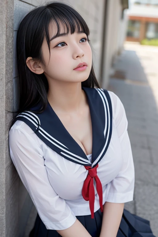 ((Melancholic expression))、((Sad face))、((Angry face))、((Crying face))、(長いBlack Hair)、((((Looking up at the viewer))))、((Highest quality、8k、masterpiece))、Sharp focus:1.2、、((Cleavageが見える))、((Big Breasts))、(Cleavage))、masterpiece、Highest quality、Woman 1、Very detailed、The view looking up from directly below Black Hair Face seen from below ((Japanese schoolgirl))、((Summer sailor uniform))、Pleated skirt、((Big Breasts))、(Cleavage))、Under the chest、Chest seen from below Let me me'Let me'Let's take a look under the sailor suit,((A slightly higher angle))、((from the front))