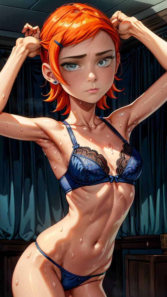 (masterpiece)(only one person) High quality 8K HD high resolution character, Gwen Tennyson  , She is wearing transparent blue lace lingerie that shows her bra and panties., medium breasts, covered in sweat, very hot , stage in a room, perfect face perfect eyes perfect detail perfectly covered in sweat a lot , his hands up armpits 