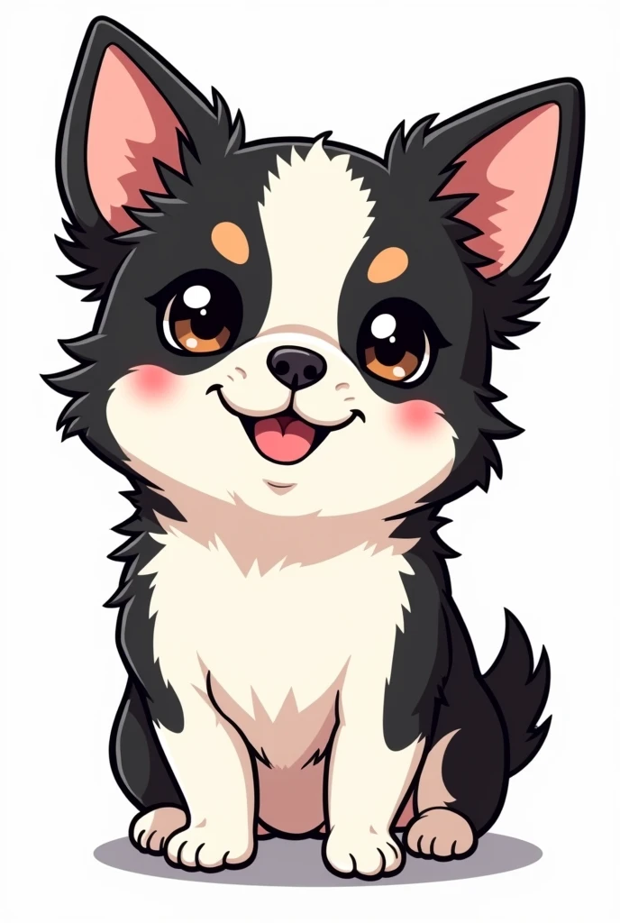 Chihuahua, black and white face, white body, black sides of belly, black butt, fluffy ears, brown eyebrows, sparkling eyes, manga style, LINE stamp style, two short legs, transparent background, cuddly