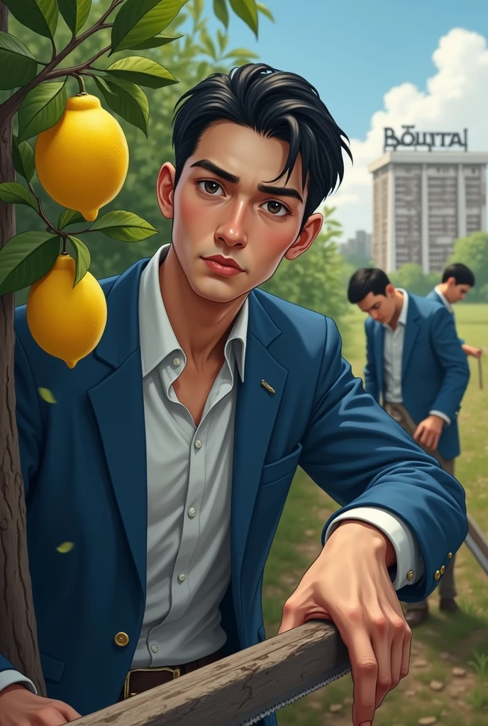 ((Best quality)), ((masterpiece)), (detailed), close-вверх person, young tall thin man in a blue suit, in a white shirt in the foreground, facing the camera, sawing wood with a saw, on which lemons hang. There are other men in the background., who also saw down the grove.
A dilapidated high-rise hospital building can be seen behind the grove., on which the inscription can be read "hospital".
The man has short black hair, full lips, dark eyes, long eyelashes. The man looks very similar to Ukrainian Health Minister Viktor Lyashko. (fantasy art:1.3), highly detailed face, Beautiful illustration, (portrait composition:1.3), restrained, shallow depth of field, focus on the eyes, (rating_obvious),  a high resolution, masterpiece, shiny smooth skin