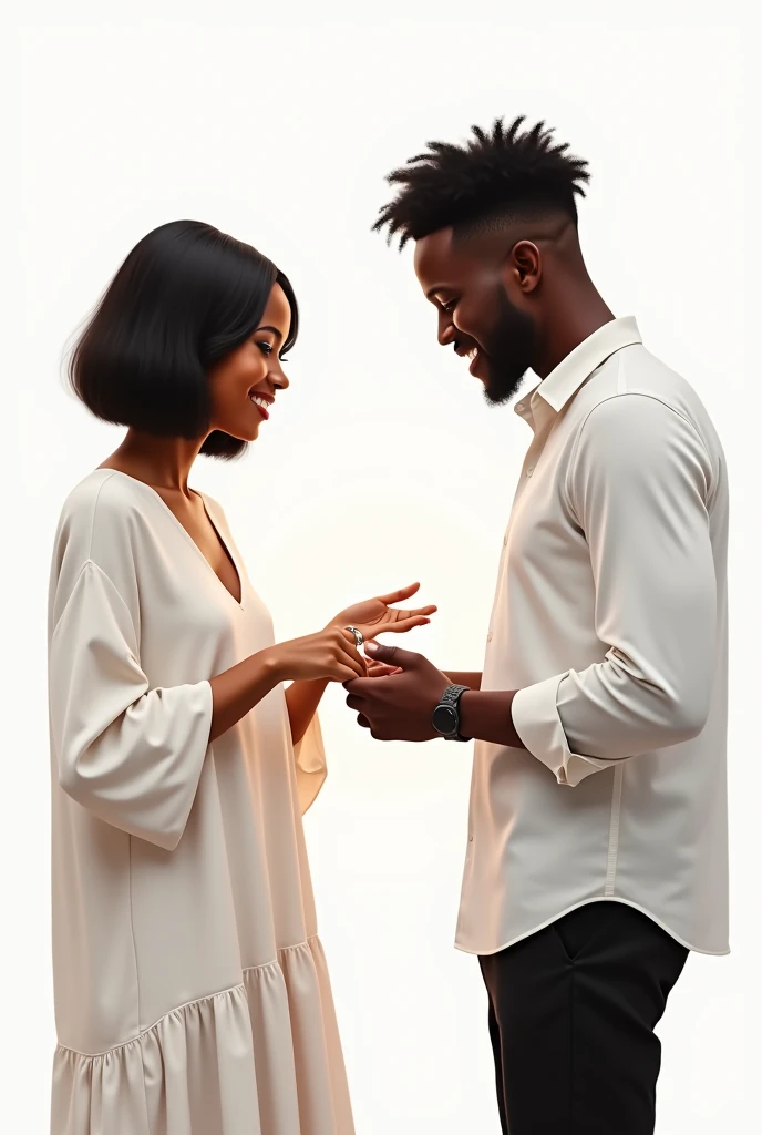 ( realistic paint) A beautiful African woman, fair in complexion with a bob hair on a big white top and a black baggy cargo trouser stretching her finger to a handsome African man with full hair placing a ring on the woman's finger