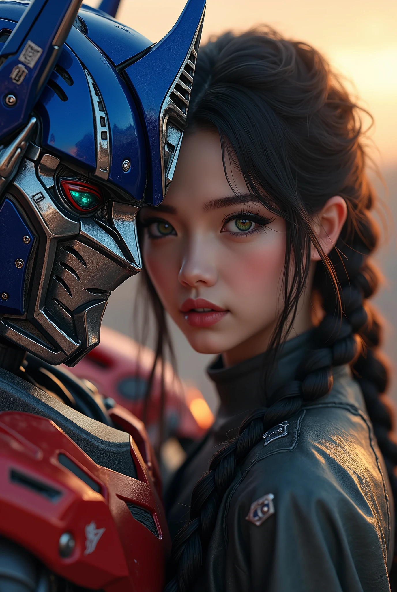 Optimus Prime, Neiru Aonuma, 1girl, detailed face, beautiful detailed eyes, beautiful detailed lips, extremely detailed eyes and face, long eyelashes, dark skin, green eyes, braid, grey shirt, Transformers anime, cinematic lighting, dramatic atmosphere, intricate mech design, photorealistic, 8k, highly detailed, masterpiece, award-winning digital art