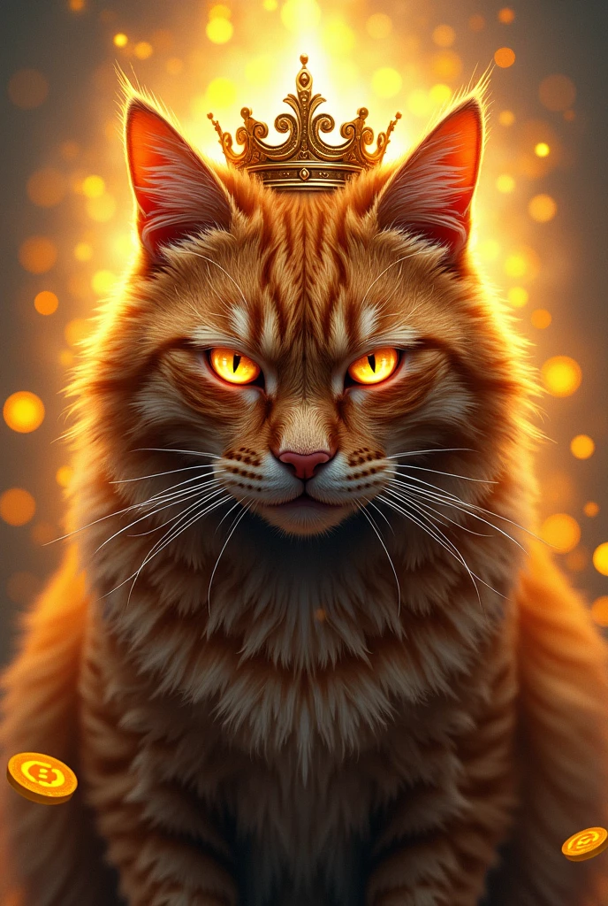 Angry ginger cat with gold eyes. With a crown... Surrounded by bitcoin
