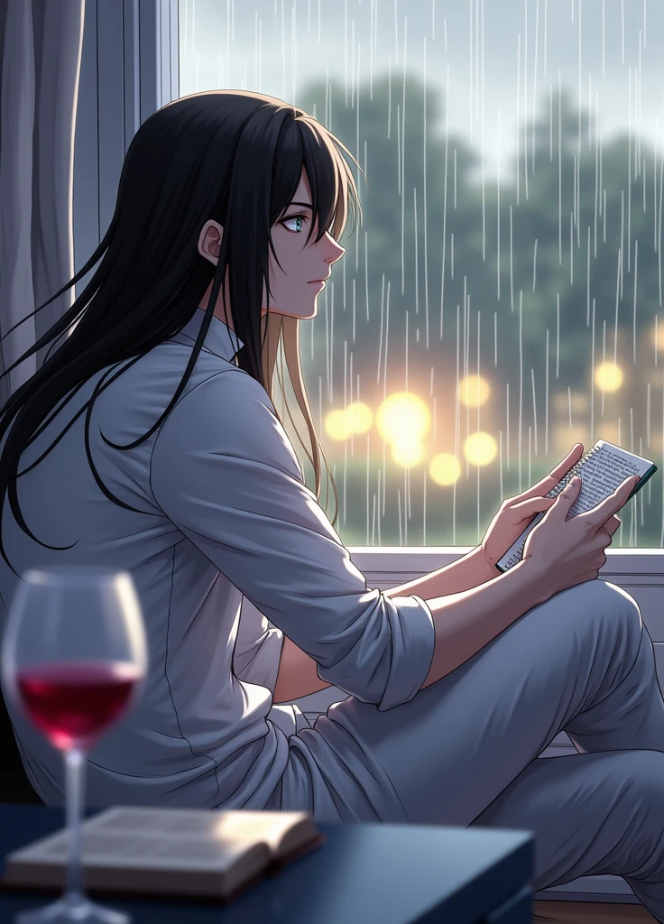 man, long black hair, Beautiful face, grey eyes, beautiful body, sits with a notebook in his hand and looks out the window, it is raining outside the window, The face is not visible, There is a glass of red wine in the foreground, anime art, masterpiece, realistically, professional quality, super detail