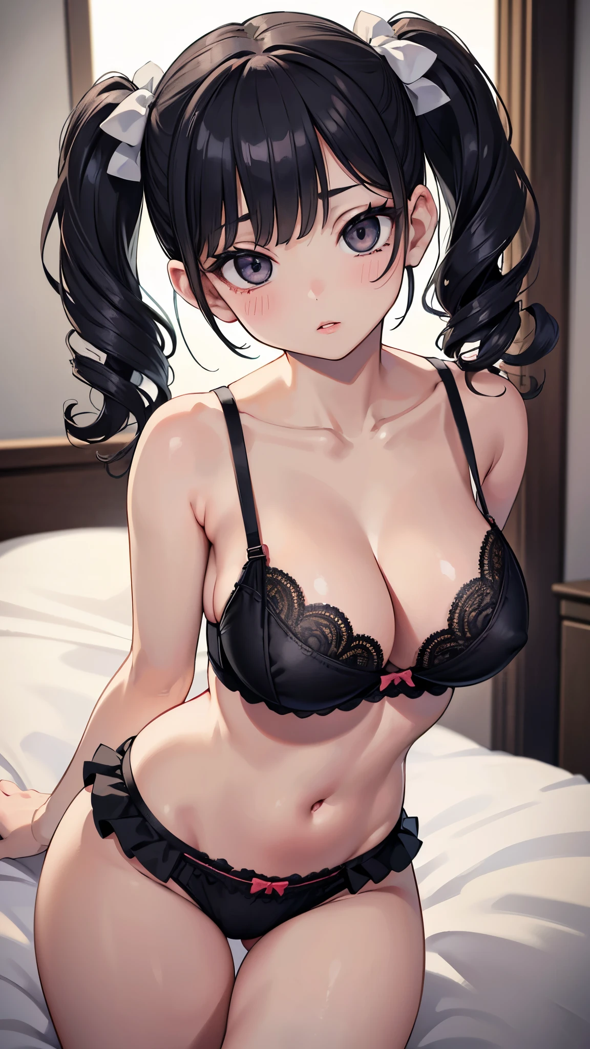 (masterpiece, 最high quality, 超High resolution, Very detailed), (Realistic:1.1, photoRealistic:1.4), Perfect illustration, Perfect lighting,Perfectly detailed hair, Perfect and exquisite face, Perfect collarbone, Perfect body,Juicy breasts, Perfect Thighs, Beautiful legs, View your audience, 1 person,Perfect Face, (Perfect Anatomy, Anatomically correct), Symmetrical face、((Shiny Hair)),Sexy Body、(masterpiece),(最high quality:1.3),8k,Very clear,(Ultra-realistic),Captivating woman,(high quality, High resolution, The finer details), Realisticなスタイルの女性,Juicy breasts、Perfect Woman、Perfect Face、Symmetrical face、、((Big breasts))、blush、((Juicy lips))、Cowboy Shot、(((Short, loosely curled black hair in twin tails)))、((Large, double-set black eyes、Long eyelashes))、(Red Makeup)、(((Cute frilly bra)))、(((Cute frilly panties)))、(Healthy and well-developed body)、((Big tits jk))、(indoor、Bedroom)