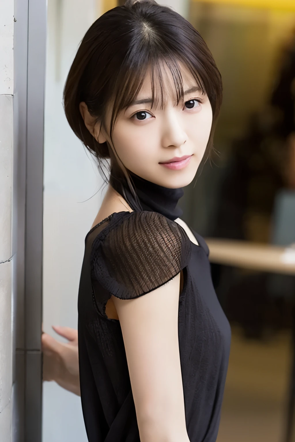 A Japanese woman, 3, slender figure, small breasts, very thin waist, Beautiful face, beautidful eyes, black short hair, wearing a tight and short gray knit dress with a back-open design, stand facing to an office wall, gently looking at you, 1girl in, Solo, Detailed face and eyes, detailed fingers and arms. Full body photo. Realistic, Photorealistic.