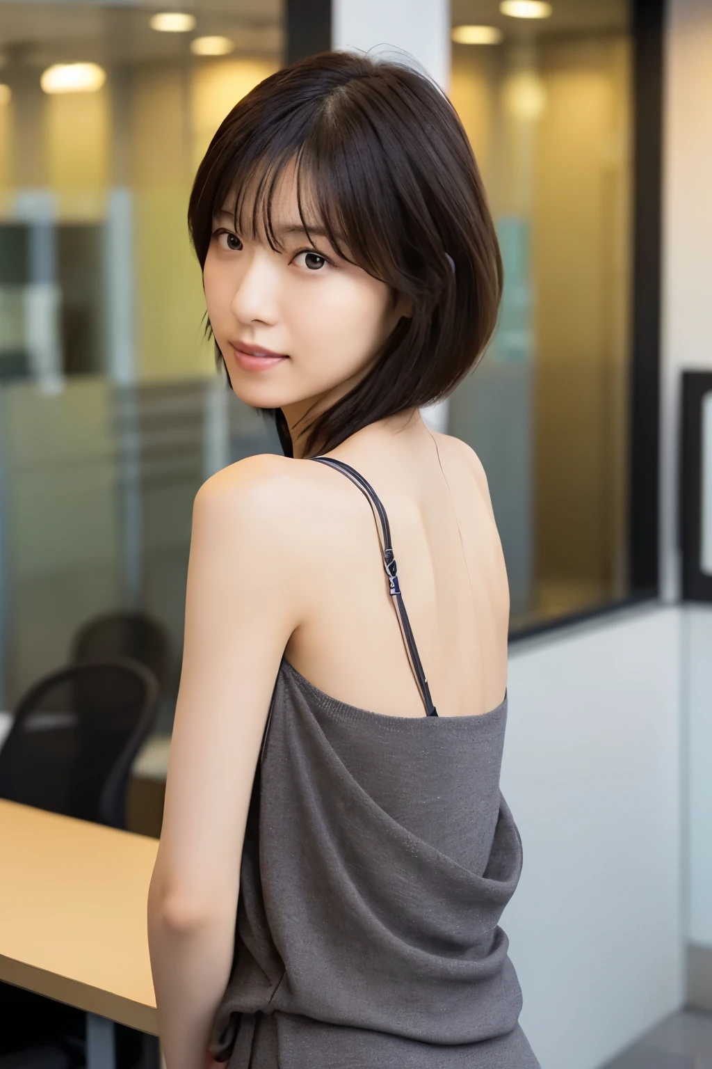 A Japanese woman, 3, slender figure, small breasts, very thin waist, Beautiful face, beautidful eyes, black short hair, wearing a tight and short gray knit dress with a back-open design, stand facing to an office wall, gently looking at you, 1girl in, Solo, Detailed face and eyes, detailed fingers and arms. Full body photo. Realistic, Photorealistic.