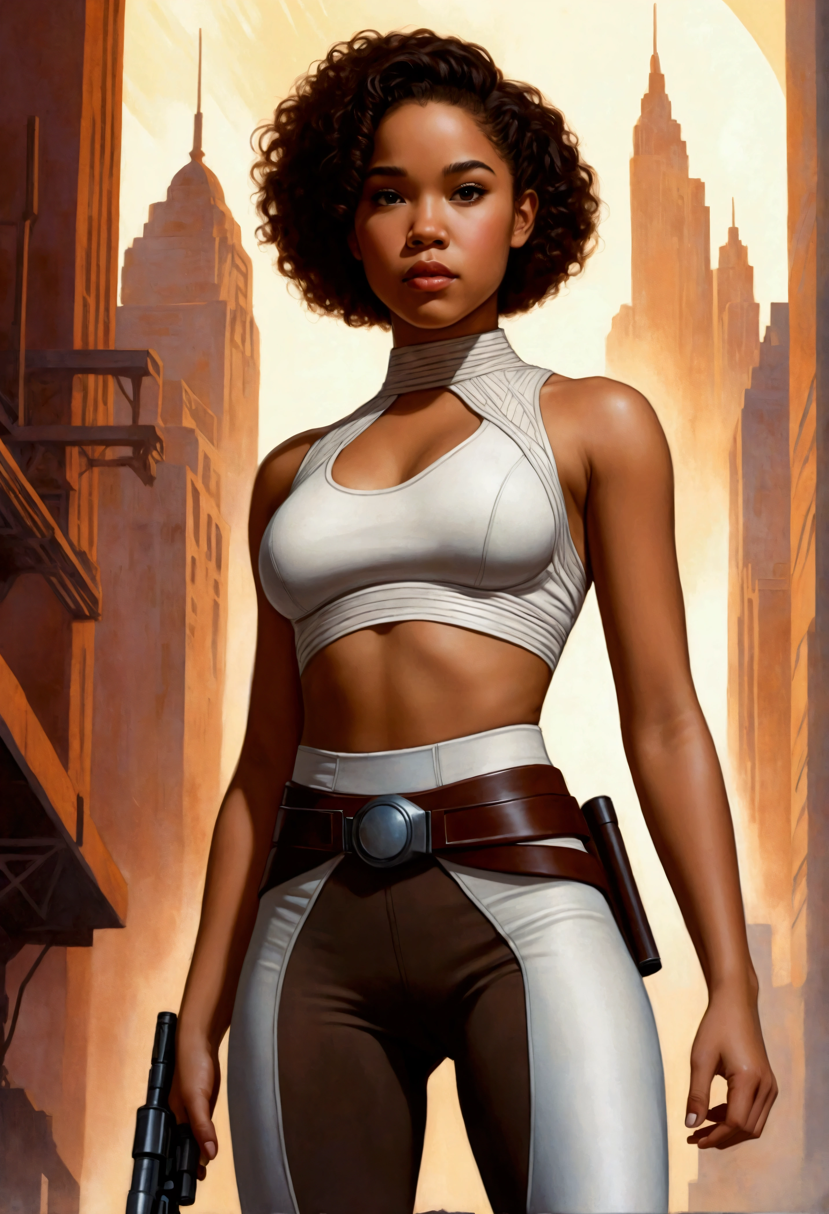 An illustrated movie poster, hand-drawn, full color, a age Jedi, 18-years-old, female, wearing a crop top and leggings, athletic hourglass figure, bustoms, fide hips, massive round butt, long sha legs, ridiculously thick powerful thighs, hazel eyes, dark hair, kinky curly bob curm brown complexion, resembles Alexandra Shipp, standing above Coruscant, graphite shading, stencil marks, airbrushed acrylic paint, masterpiece, in the style of Drew Struzan