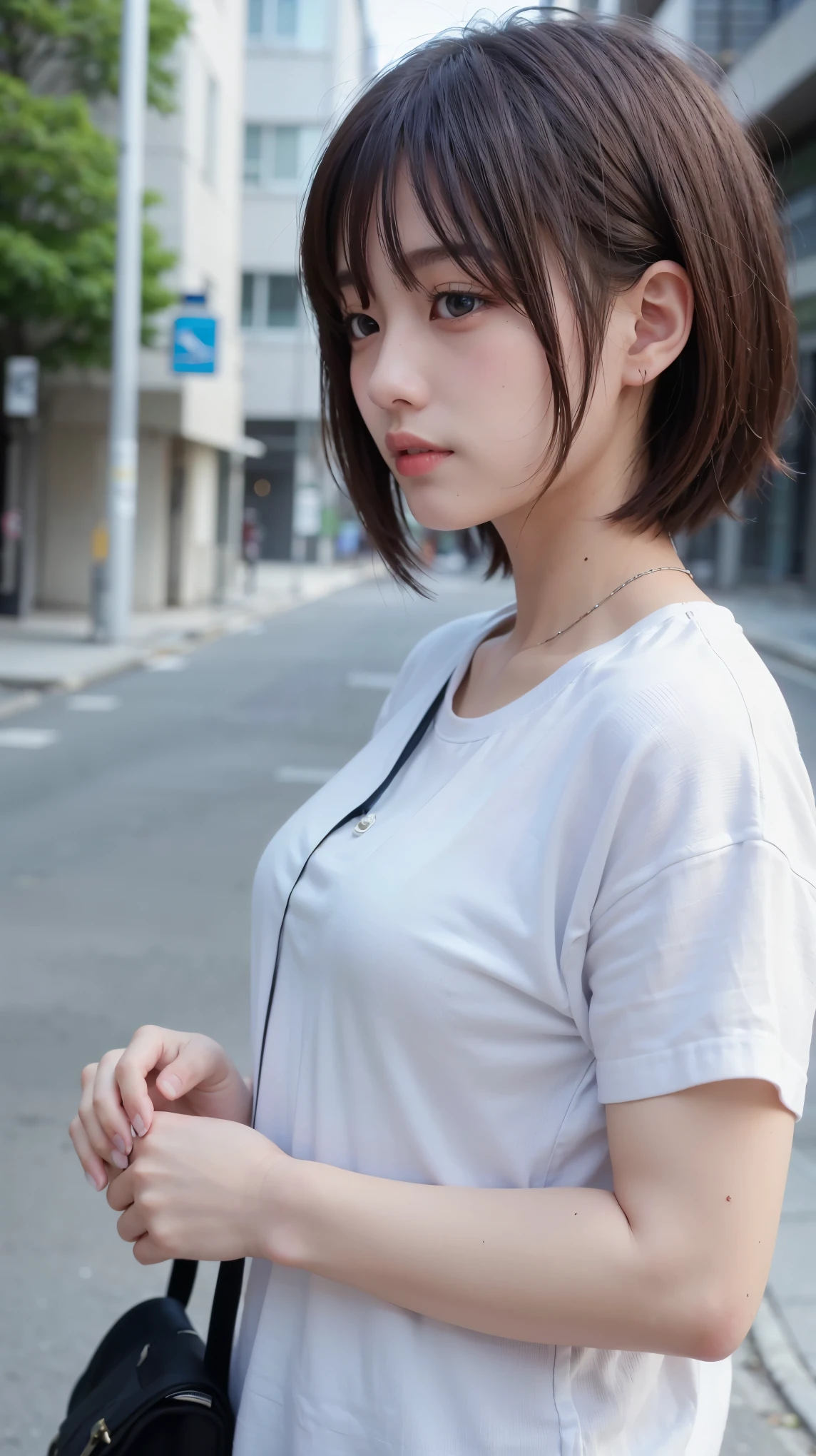 Realistic、masterpiece、Highest quality、Highest quality、8k、RAW Photos、Cinema Lighting、Very cute one、short hair、Moisturized hair、My hair is messed up by the gust of wind、Background seen from the road、Upper Body、Photo of your face、profile、Eyes focus、Clothes to wear on a very hot day、Laughter、The depth of the written world、Wide Light、High Contrast、Shine、chromatic aberration、Sharp focus、Raw color photography