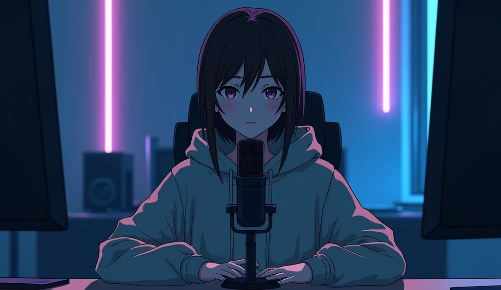Create an anime-friendly looking female character who appears handsome and smart.with headphones , SHe has a good face and is wearing a hoodie. The character is sitting behind microphone in office, with microphone infront, with his arms on the desk. It is night, and the room features volumetric neon lighting. The female character is front-facing to the camera, looking straight and centered. This is a central portrait with an audio microphone on the desk near his mouth. The character's face should occupy about 1/3 of the image size. He is sitting straight, front view, and centered, looking straight ahead. The overall ambiance of the image should convey a connection to minimalism, with flat illustration, bold lines, simplification, and a gouache illustration style. The image should be in 8K resolution.