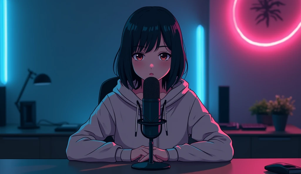 Create an anime-friendly looking female character who appears handsome and smart.with headphones , SHe has a good face and is wearing a hoodie. The character is sitting behind microphone in office, with microphone infront, with his arms on the desk. It is night, and the room features volumetric neon lighting. The female character is front-facing to the camera, looking straight and centered. This is a central portrait with an audio microphone on the desk near his mouth. The character's face should occupy about 1/3 of the image size. He is sitting straight, front view, and centered, looking straight ahead. The overall ambiance of the image should convey a connection to minimalism, with flat illustration, bold lines, simplification, and a gouache illustration style. The image should be in 8K resolution.