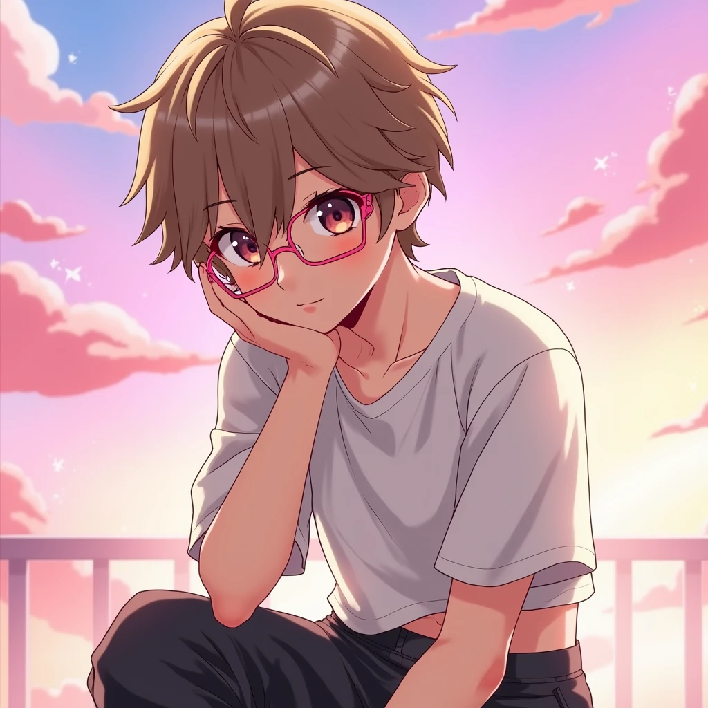 1boy avec les cheveux brun clair avec des yeux brun foncé et des lunette rose avec un crop top avec des manches courtes en laine blanc et un cargo noir et il est fort rapproché de la caméra on voit sa tête en grand plan trés t’as rapproché de la caméra et un visage calme et il tient son visage avec une main 
Fond rose et un peu couleur arc-en-ciel 
Style anime