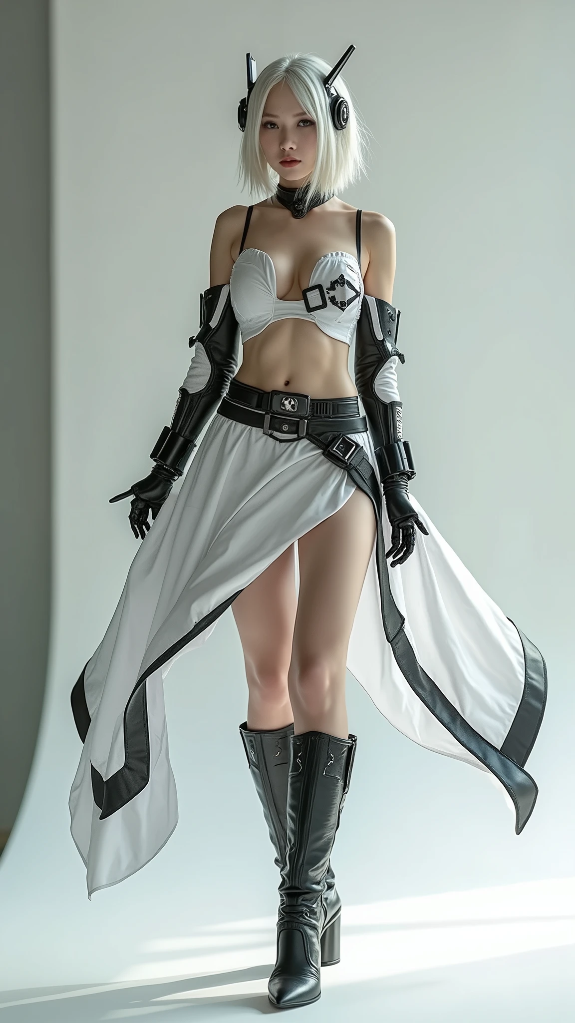 a hyper realistic full body real photo shoot of beautiful female cosplaying as 2B from Nier Automata, topless, She looks like she is 2, topless