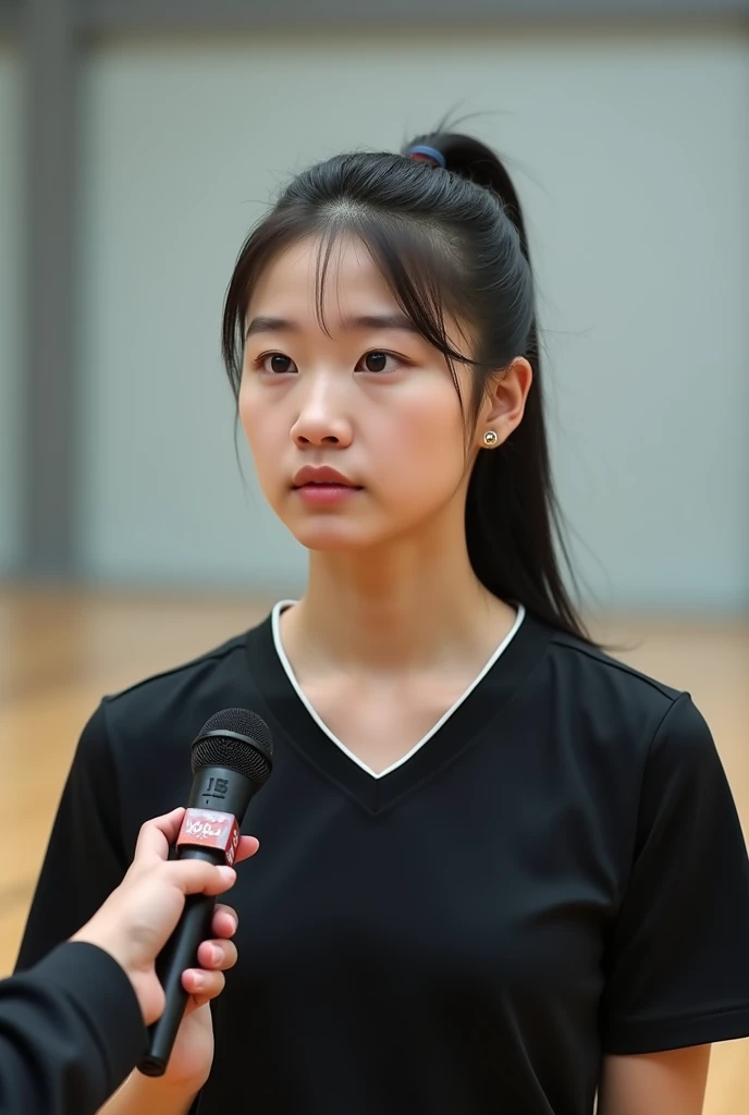 Korean female volleyball player looks like park hye min. fair skin. high nose, hair tied up without bangs. using a plain black jersey without the club logo no. 10. holding the mic.interviewed facing the camera in the volleyball practice room