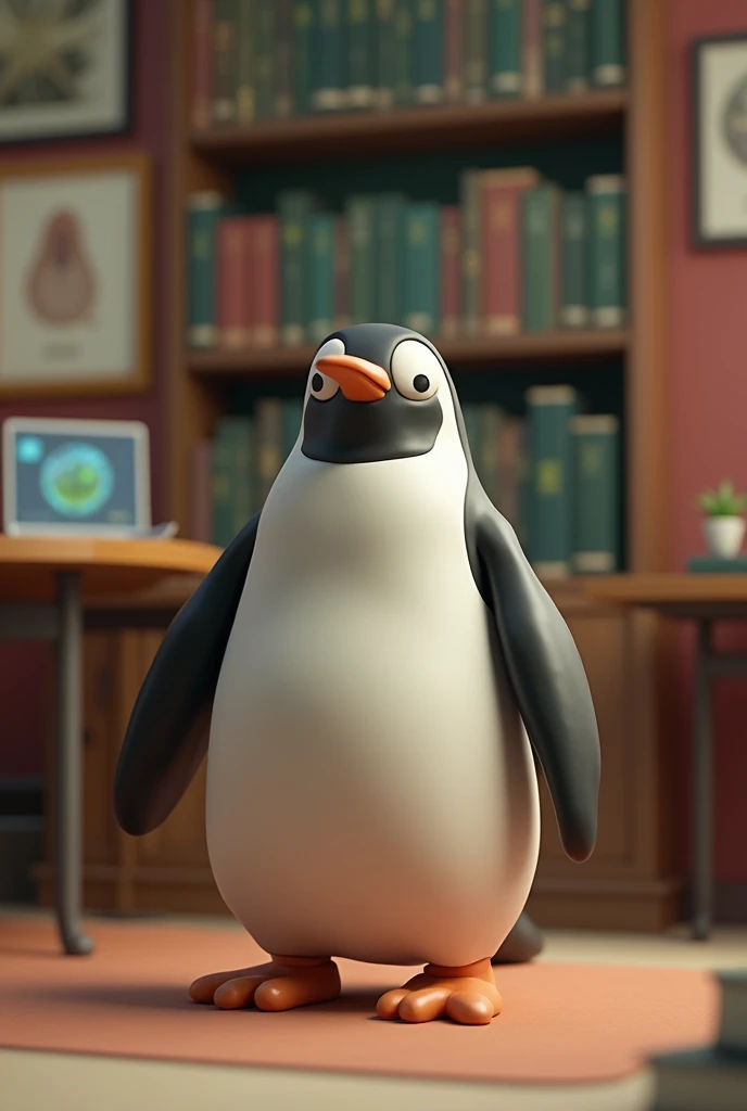 Make a playdough penguin (estilo stop motion), he is in his office showing the anatomy of a penguin and where the mitochondria are. Set the office scene with bookshelves and animal cell paintings