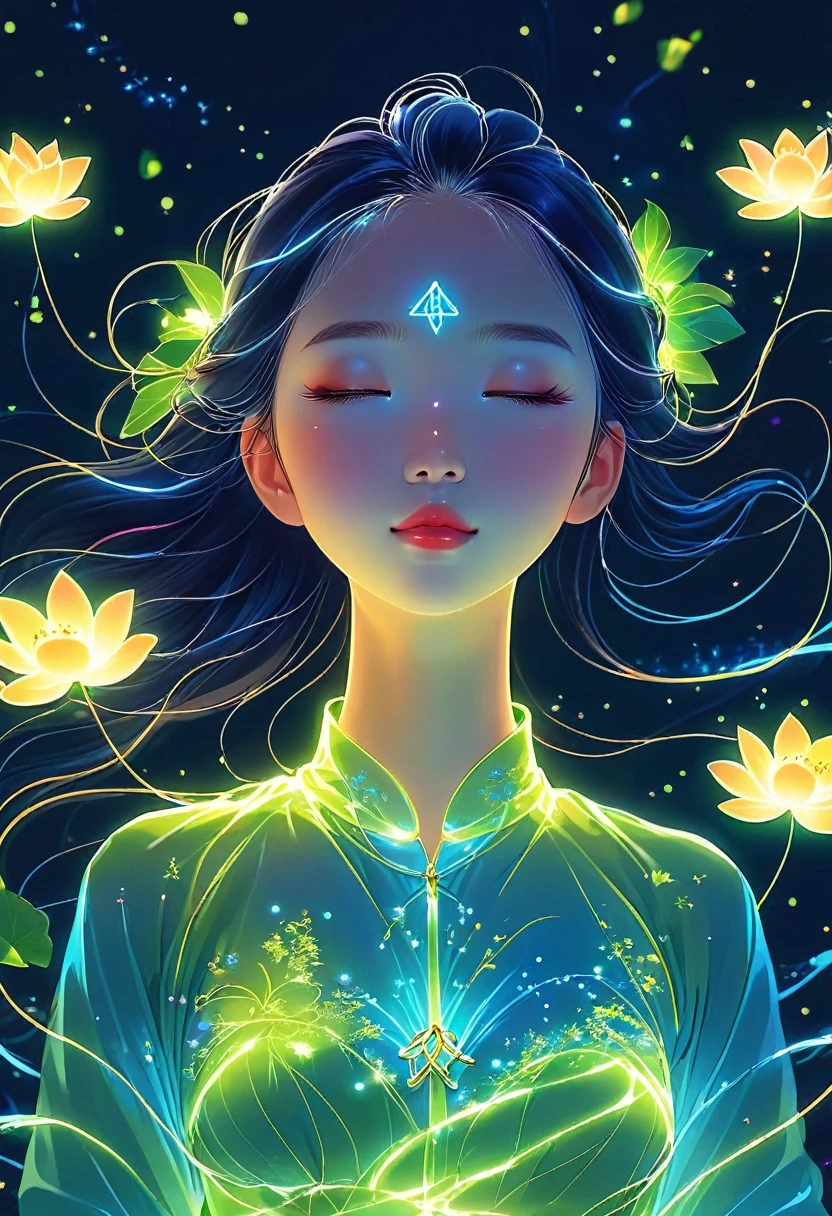 (masterpiece, best quality:1.2), Digital Art Style, Charming illustrations,Peace Pictures,1 girl, Gao Lianhua,Solitary,Body Glow,glowing lines,Fluorescence,Glow Example,Sample trace,flash,萤Light Particles,Backlight,translucent,Light Particles,Correct human anatomy,