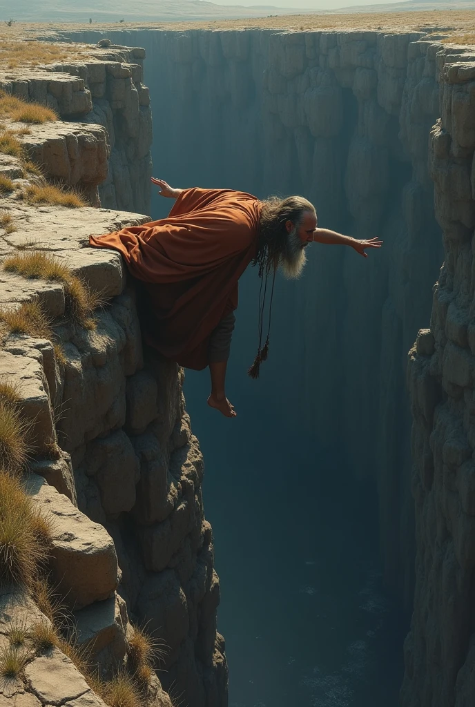 A philosopher man falling into a giant pit, holding on to the shore with only one hand to avoid falling 