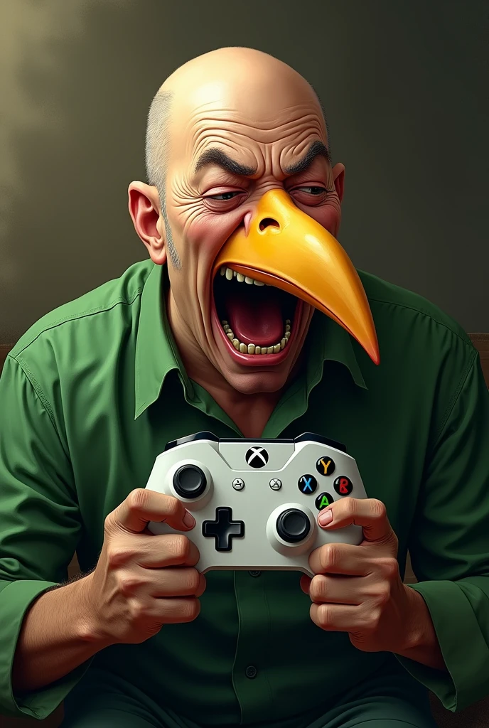 Middle-aged man with a mouth like a thrush and an Xbox fan, the mouth has to be a thrush's beak, man has to be bald, wearing green, crying with an xbox controller in hand