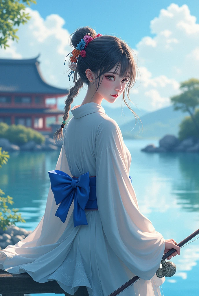  (best quality), (masterpiece), (Ultra-high resolution), (Clear face), （Reality： 1.4）, (perfect lighting),(photorealistic:1.30), anime wallpaper, Guviz style artwork , fantasy cover up to magic , by Yang J, Guviz, beautiful artwork illustration, beautiful digital artwork, beautiful digital illustration, Li Song, beautiful anime portrait, art style at Beauvot,illustration, ethereal and beautiful, highly detailed, CG, unity, 8k wallpaper, Amazing, fine detail, official art, highly detailed CG unity 8k wallpaper,absurd, extremely absurd, large file size, highly detailed , high resolution, very detailed,beautiful girl with details, very detailed eyes and face, beautiful detailed eyes,light on the face,cinematic lighting, A female, kimono , Japanese clothes, Japanese temple, realistic, (full body:1.7), (Turning back viwer), Fishing, holding a fishing rod, outdoor, Lake, Crystal skin details, Glowing skin, ferpect lighting, Soft light,