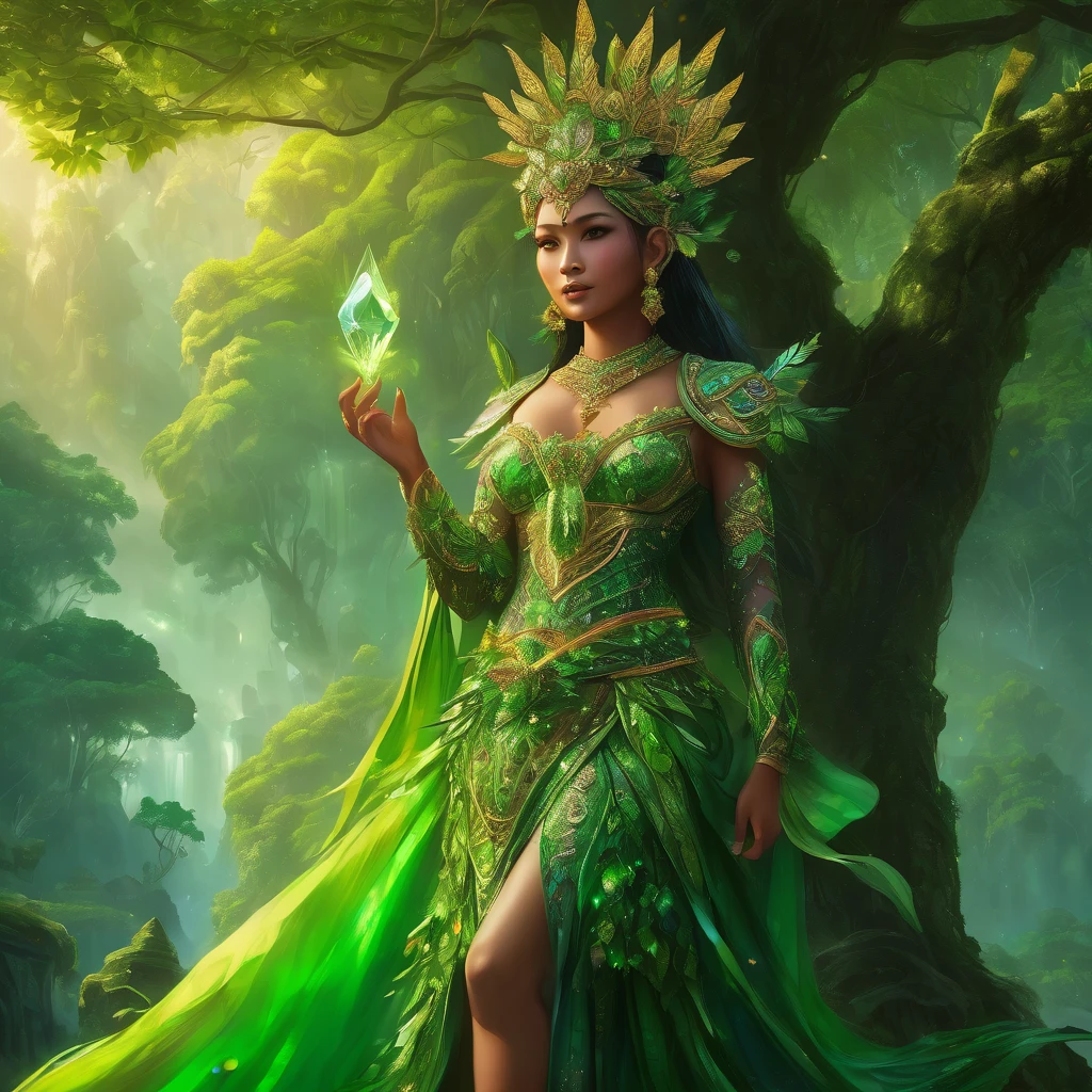 full body fantasy art, an Indonesia woman as the goddes of nature, adorned complicated outfit, such a majestic of appearance, the hand holding a artistic tree staf with a crystal emitting green light, as symbolic of ruler of the nature, the lush green environment in the background, dynamic, atmospheric, highest resolution, ornate details