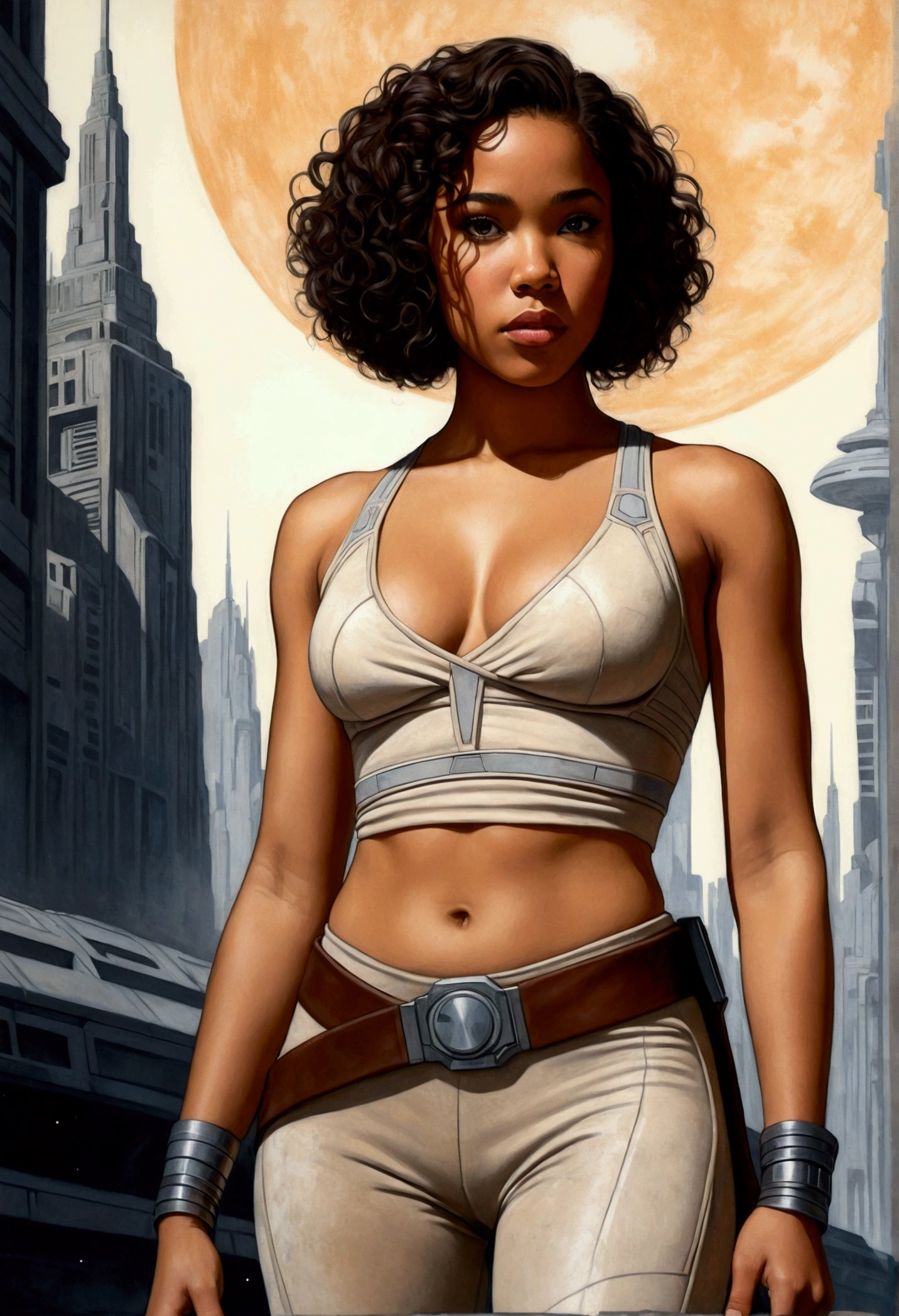 An illustrated movie poster, hand-drawn, full color, a age Jedi, 18-years-old, female, wearing a bralette and leggings, athletic hourglass figure, busty bosoms, full wide hips, massive round butt, long shapely legs, ridiculously thick powerful thighs, hazel eyes, dark hair, kinky curly bob cut, warm brown complexion, resembles Alexandra Shipp, standing above Coruscant, graphite shading, stencil marks, airbrushed acrylic paint, masterpiece, in the style of Drew Struzan