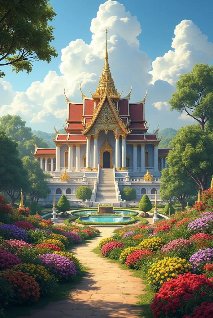 Ayutthaya Royal Palace surrounded by flower gardens