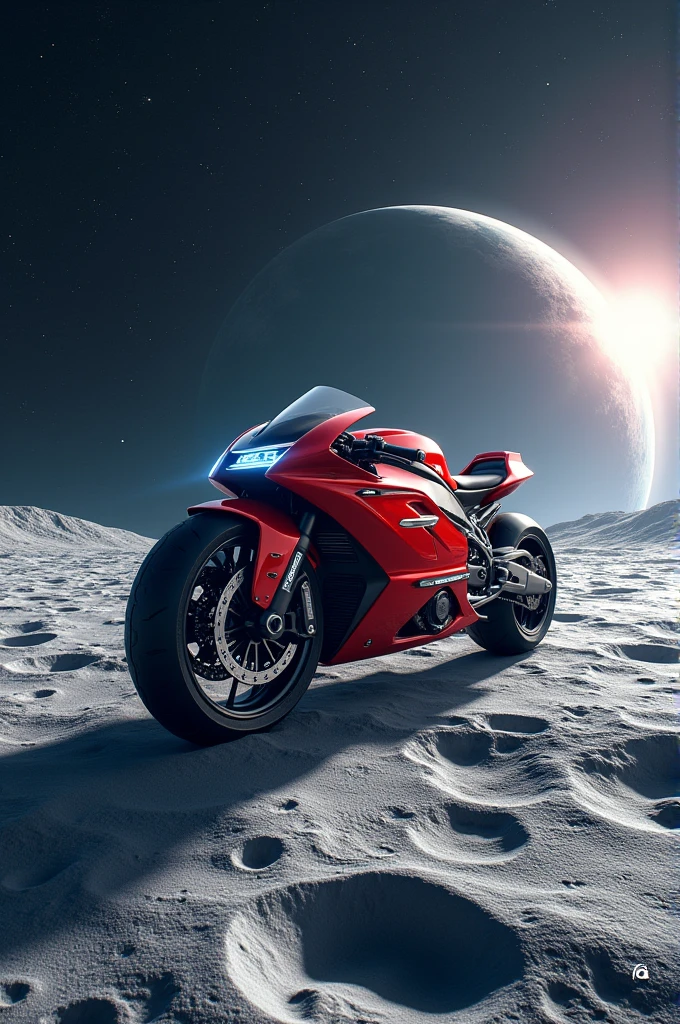 Futuristic bike,red color,landing on moon,background stars,sun,earth