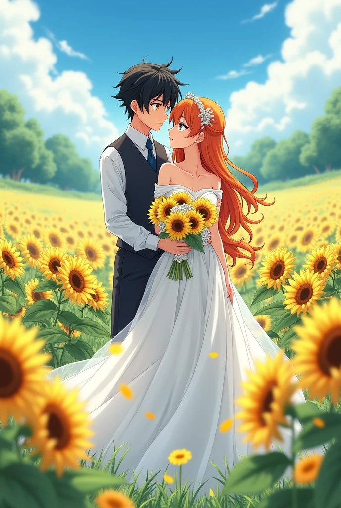 The orange-haired long, blue-eyed girl is wearing a luxurious, off-the-shoulder white wedding dress, holding a wedding bouquet made from a bouquet of sunflowers. She was standing next to a boy with slightly messy black hair, yellow eyes, cold face, wearing a vest and holding the girl's waist. The surrounding landscape is a beautiful flower field. anime characters